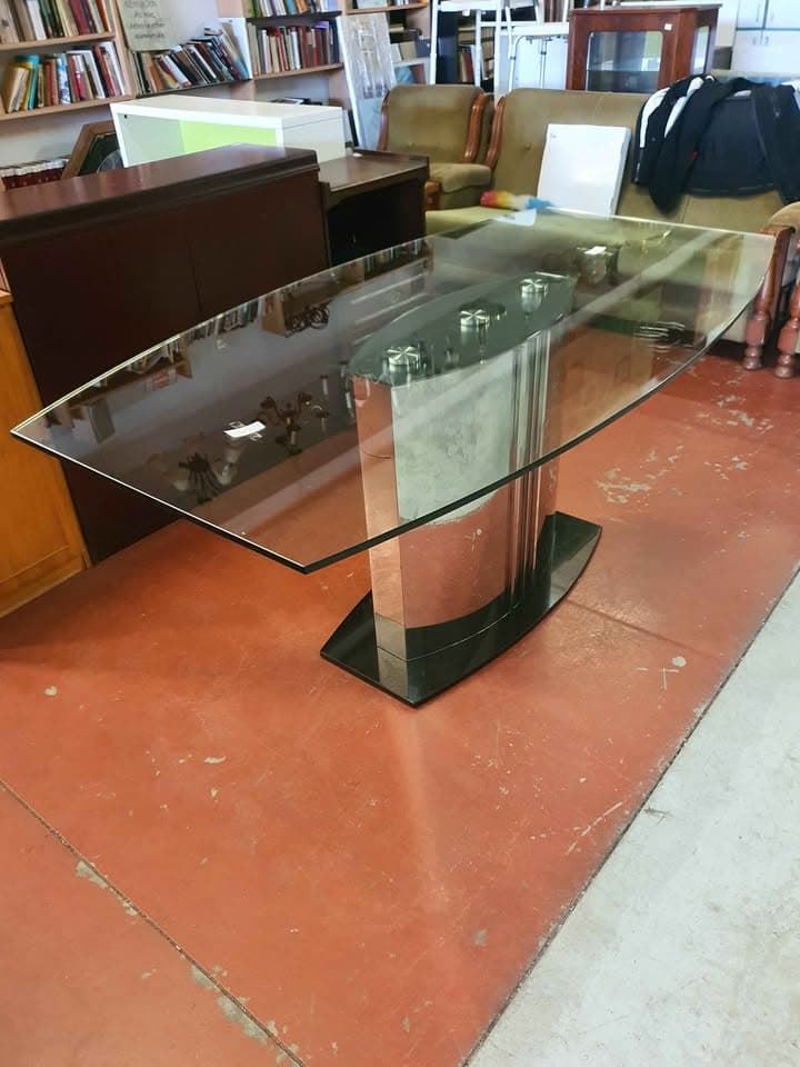 Mesa de comedor alemana vintage de cristal con base efecto espejo - Imagen 1